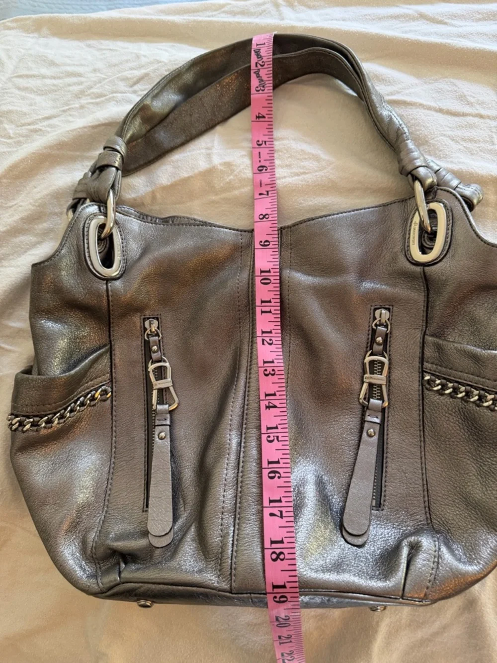 b. makowsky Metallic Gray Leather Shoulder Satchel - Picture 8 of 10